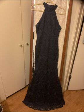 Navy Lace Halter Evening Gown